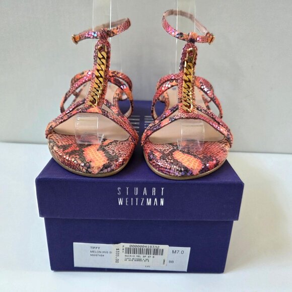 Stuart Weitzman Sandals 7 Pink Melon Tiffy Chain Trim Strappy Leather Wedge NEW - Picture 3 of 12